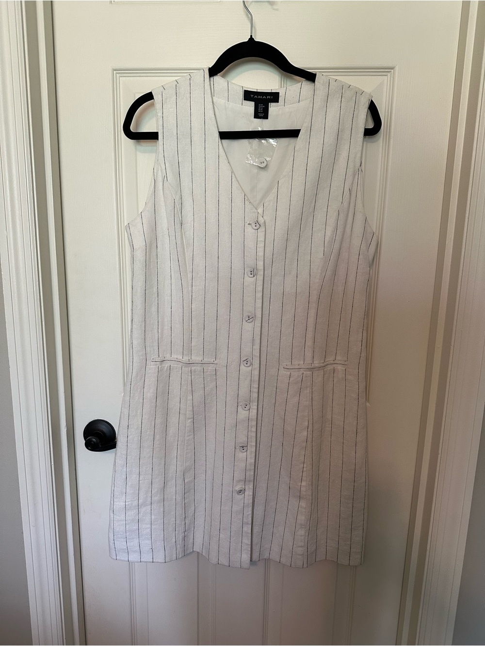 Tahari White Linen Sleeveless Pinstripe Button Dress